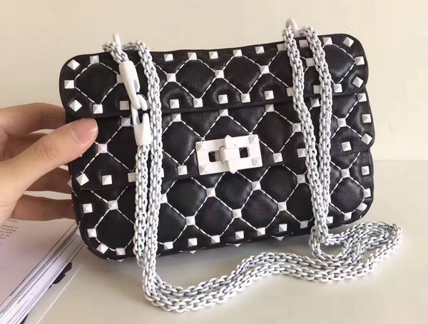 Valentino Garavani Small Rockstud Spike Chain Bag in Black Soft Lambskin with White Hardwares For Sale