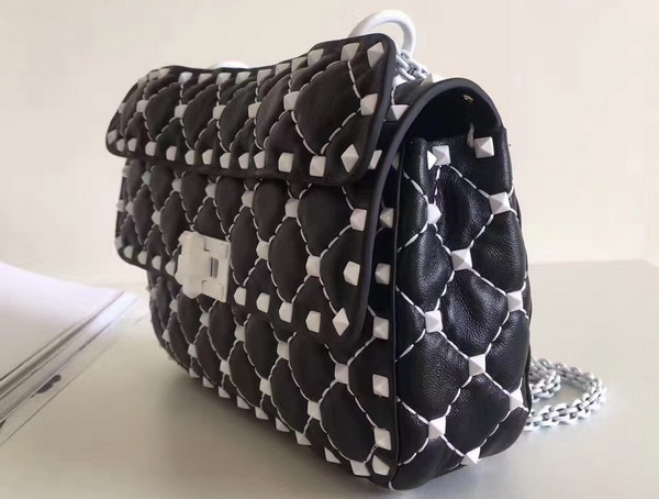 Valentino Garavani Small Rockstud Spike Chain Bag in Black Soft Lambskin with White Hardwares For Sale