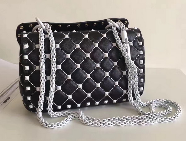 Valentino Garavani Small Rockstud Spike Chain Bag in Black Soft Lambskin with White Hardwares For Sale