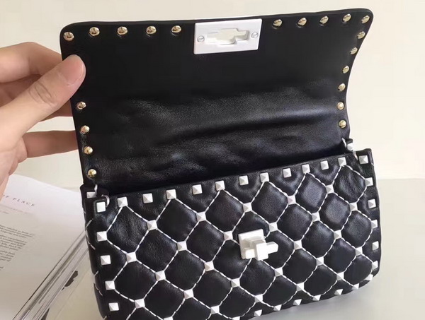 Valentino Garavani Small Rockstud Spike Chain Bag in Black Soft Lambskin with White Hardwares For Sale