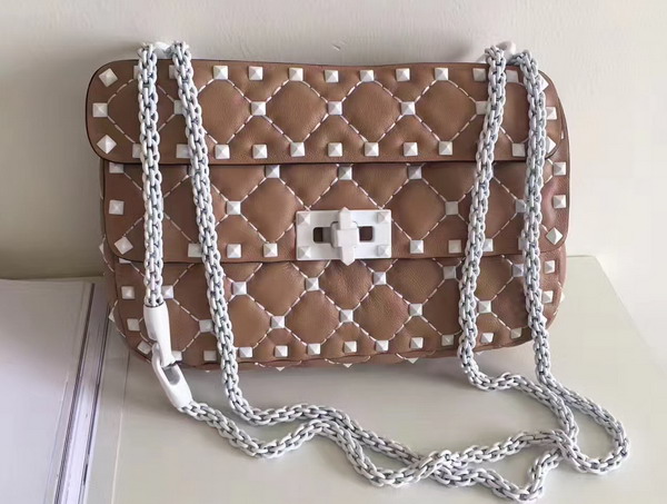 Valentino Garavani Small Rockstud Spike Chain Bag in Nude Soft Lambskin with White Hardwares For Sale