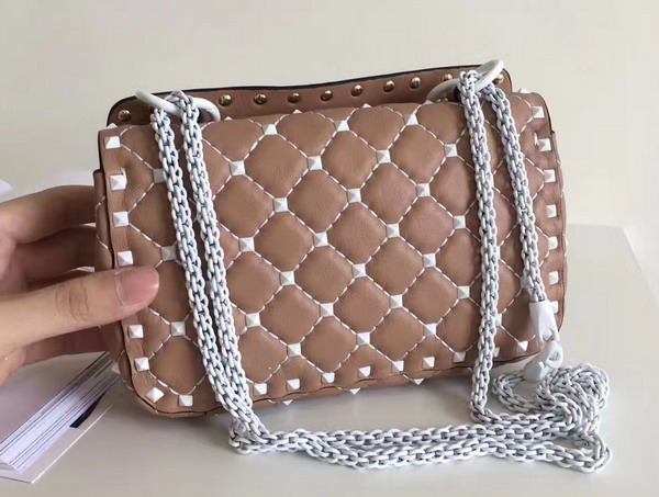 Valentino Garavani Small Rockstud Spike Chain Bag in Nude Soft Lambskin with White Hardwares For Sale