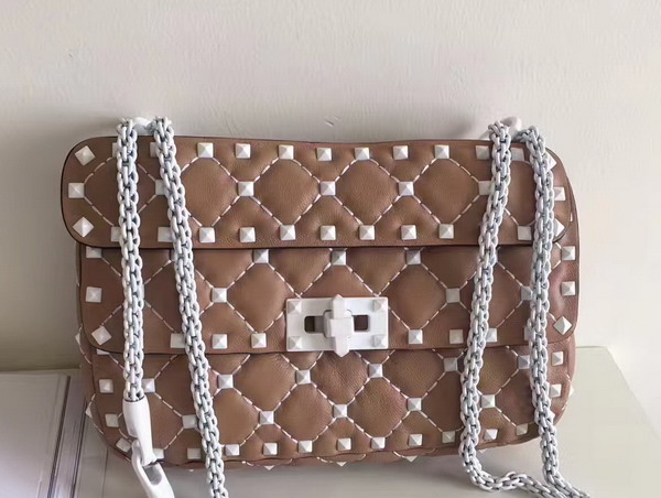 Valentino Garavani Small Rockstud Spike Chain Bag in Nude Soft Lambskin with White Hardwares For Sale