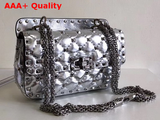 Valentino Garavani Small Rockstud Spike Chain Bag in Silver Metallic Soft Lambskin Leather Replica