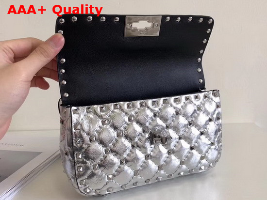 Valentino Garavani Small Rockstud Spike Chain Bag in Silver Metallic Soft Lambskin Leather Replica