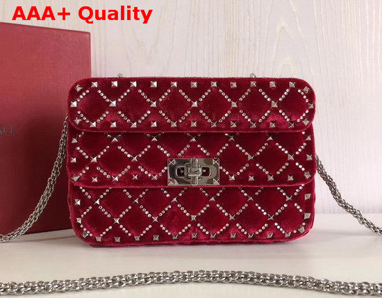 Valentino Garavani Small Spike It Velvet Chain Bag with Rhinestone Embellished Rhombus Quilting Red Replica