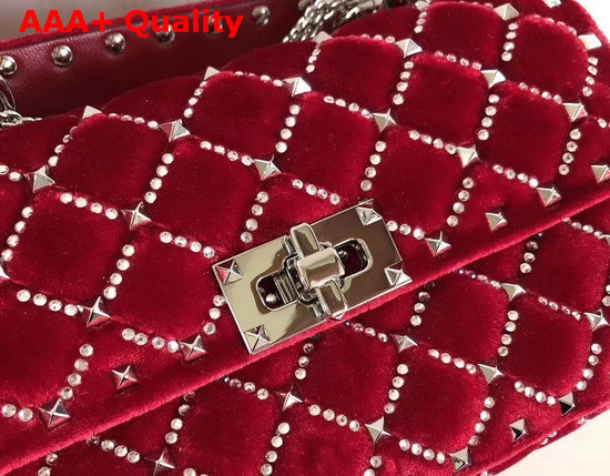 Valentino Garavani Small Spike It Velvet Chain Bag with Rhinestone Embellished Rhombus Quilting Red Replica