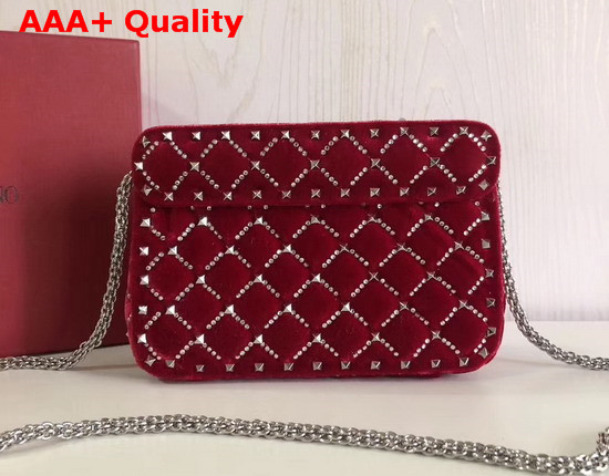 Valentino Garavani Small Spike It Velvet Chain Bag with Rhinestone Embellished Rhombus Quilting Red Replica