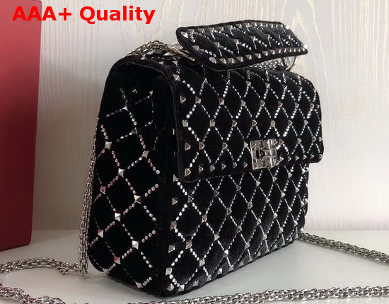 Valentino Garavani Spike It Chain Bag in Black Velvet with Rhombus Quilting Outlined with Rhinestones Replica