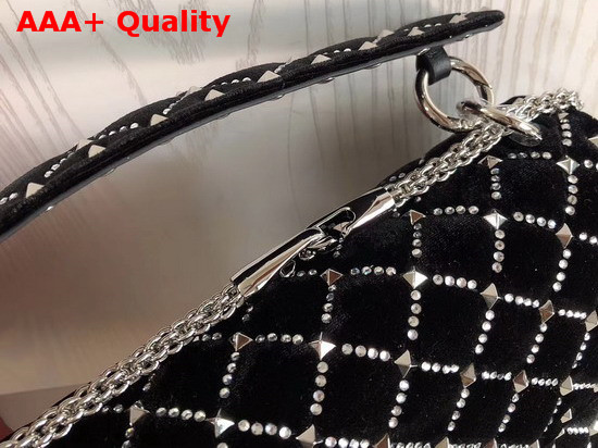 Valentino Garavani Spike It Chain Bag in Black Velvet with Rhombus Quilting Outlined with Rhinestones Replica