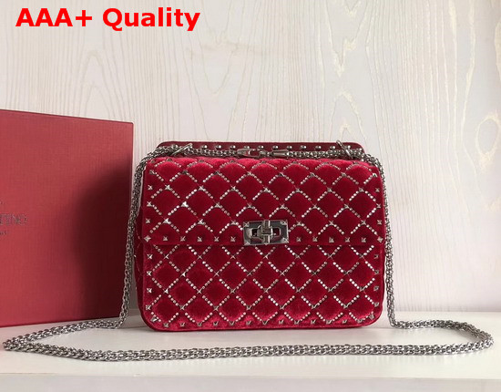 Valentino Garavani Spike It Chain Bag in Red Velvet with Rhombus Quilting Outlined with Rhinestones Replica