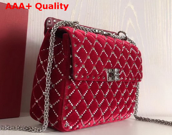 Valentino Garavani Spike It Chain Bag in Red Velvet with Rhombus Quilting Outlined with Rhinestones Replica