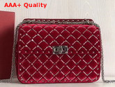 Valentino Garavani Spike It Chain Bag in Red Velvet with Rhombus Quilting Outlined with Rhinestones Replica