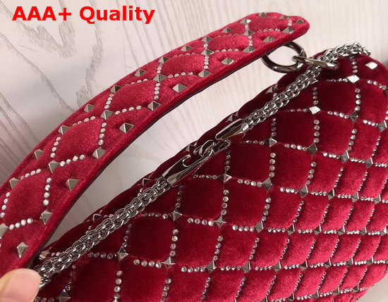 Valentino Garavani Spike It Chain Bag in Red Velvet with Rhombus Quilting Outlined with Rhinestones Replica