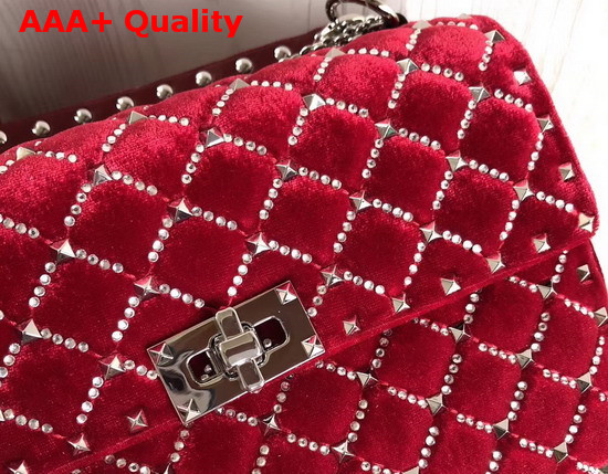 Valentino Garavani Spike It Chain Bag in Red Velvet with Rhombus Quilting Outlined with Rhinestones Replica