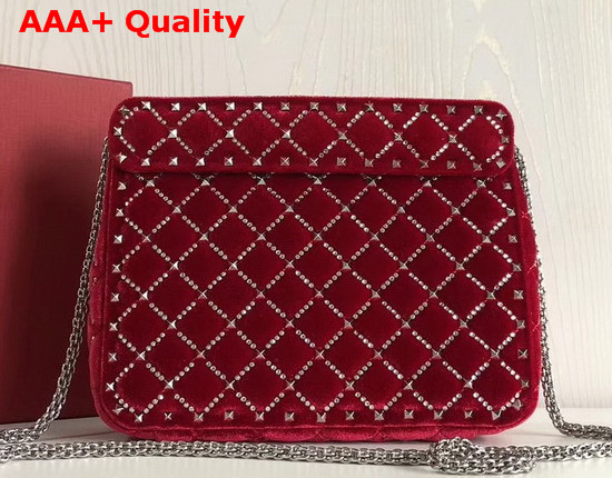 Valentino Garavani Spike It Chain Bag in Red Velvet with Rhombus Quilting Outlined with Rhinestones Replica