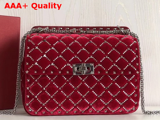 Valentino Garavani Spike It Chain Bag in Red Velvet with Rhombus Quilting Outlined with Rhinestones Replica