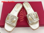 Valentino Garavani VLogo Cut Out Laminated Nappa Leather Silde Sandal in Platinum Antique Brass Replica