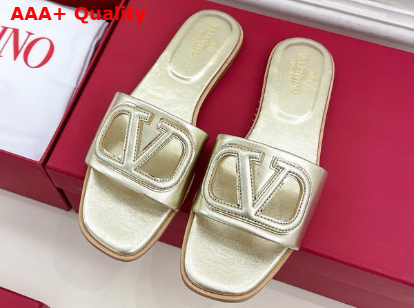 Valentino Garavani VLogo Cut Out Laminated Nappa Leather Silde Sandal in Platinum Antique Brass Replica