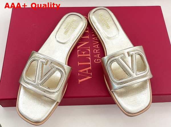 Valentino Garavani VLogo Cut Out Laminated Nappa Leather Silde Sandal in Platinum Antique Brass Replica