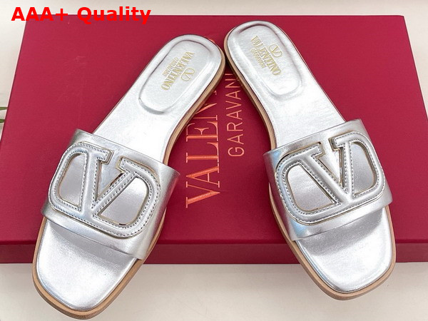 Valentino Garavani VLogo Cut Out Laminated Nappa Leather Silde Sandal in Silver Replica