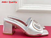 Valentino Garavani VLogo Cut Out Laminated Nappa Leather Silde Sandal in Silver Replica