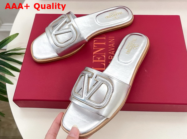 Valentino Garavani VLogo Cut Out Laminated Nappa Leather Silde Sandal in Silver Replica