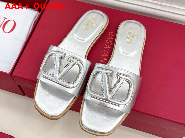 Valentino Garavani VLogo Cut Out Laminated Nappa Leather Silde Sandal in Silver Replica