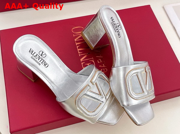 Valentino Garavani VLogo Cut Out Laminated Nappa Leather Silde Sandal in Silver Replica