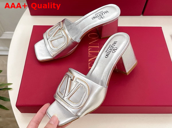 Valentino Garavani VLogo Cut Out Laminated Nappa Leather Silde Sandal in Silver Replica