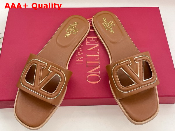 Valentino Garavani VLogo Cut Out Slide Sandal in Almond Calfskin Leather Replica