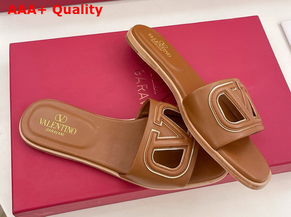 Valentino Garavani VLogo Cut Out Slide Sandal in Almond Calfskin Leather Replica