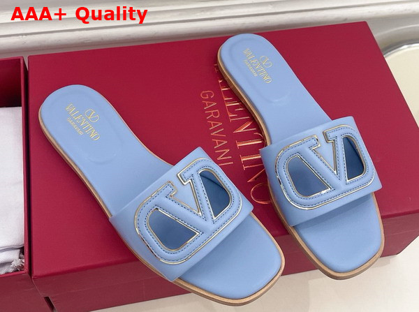 Valentino Garavani VLogo Cut Out Slide Sandal in Azure Calfskin Leather Replica