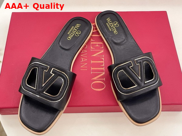 Valentino Garavani VLogo Cut Out Slide Sandal in Black Calfskin Leather Replica