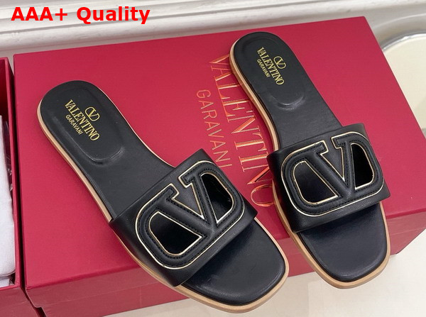 Valentino Garavani VLogo Cut Out Slide Sandal in Black Calfskin Leather Replica