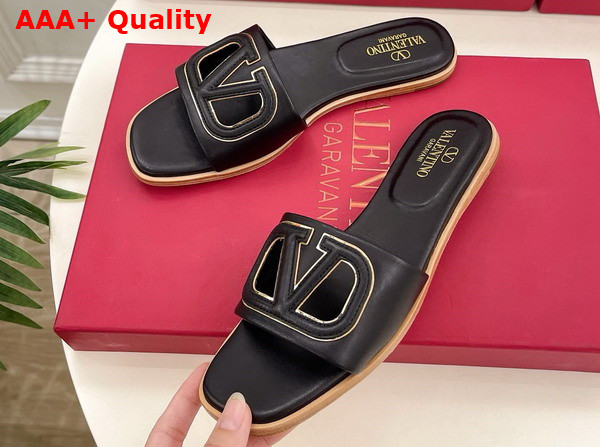 Valentino Garavani VLogo Cut Out Slide Sandal in Black Calfskin Leather Replica