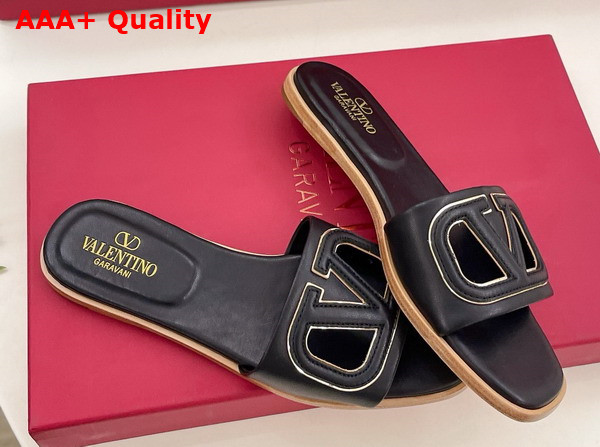 Valentino Garavani VLogo Cut Out Slide Sandal in Black Calfskin Leather Replica