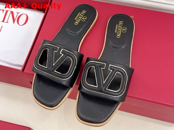 Valentino Garavani VLogo Cut Out Slide Sandal in Black Calfskin Leather Replica