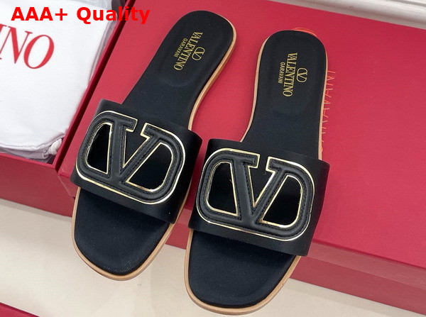 Valentino Garavani VLogo Cut Out Slide Sandal in Black Satin Replica