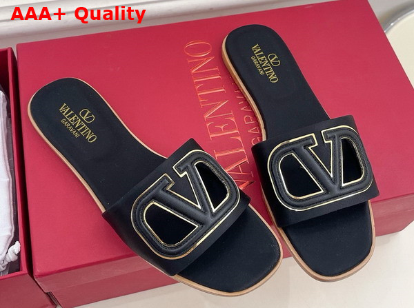 Valentino Garavani VLogo Cut Out Slide Sandal in Black Satin Replica