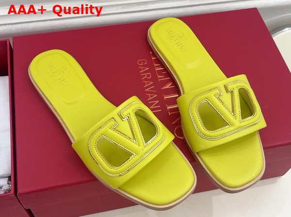 Valentino Garavani VLogo Cut Out Slide Sandal in Cedar Yellow Calfskin Leather Replica