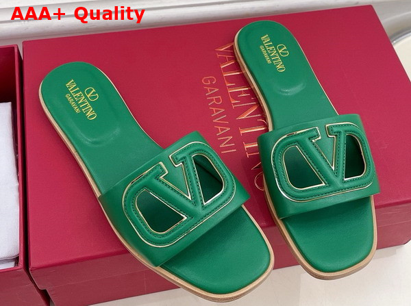 Valentino Garavani VLogo Cut Out Slide Sandal in Green Calfskin Leather Replica