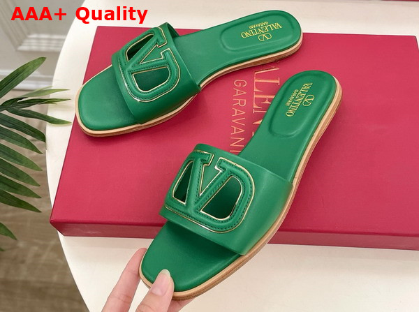 Valentino Garavani VLogo Cut Out Slide Sandal in Green Calfskin Leather Replica