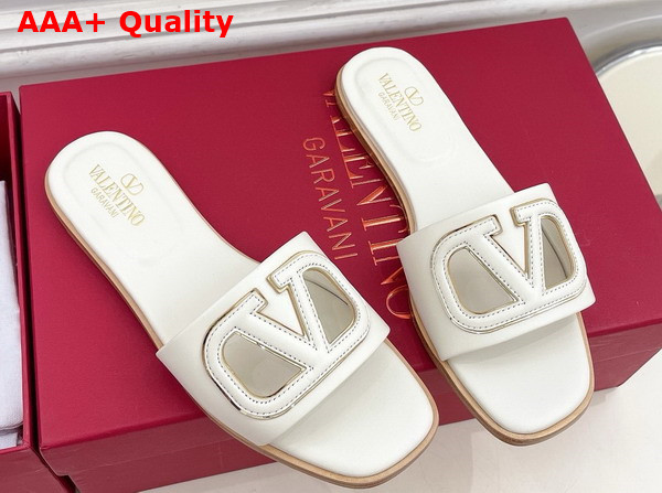 Valentino Garavani VLogo Cut Out Slide Sandal in Ivory Calfskin Leather Replica