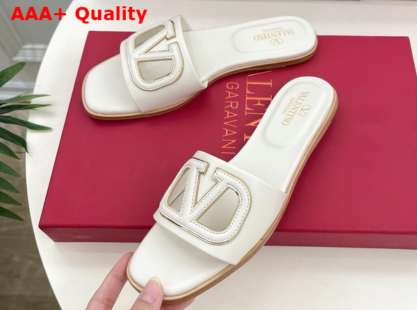 Valentino Garavani VLogo Cut Out Slide Sandal in Ivory Calfskin Leather Replica