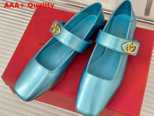 Valentino Garavani VLogo Locker Mary Jane Ballerina in Light Blue Calfskin Replica