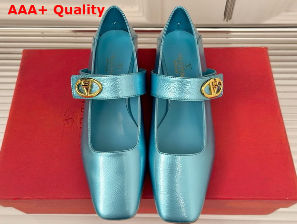 Valentino Garavani VLogo Locker Mary Jane Ballerina in Light Blue Calfskin Replica