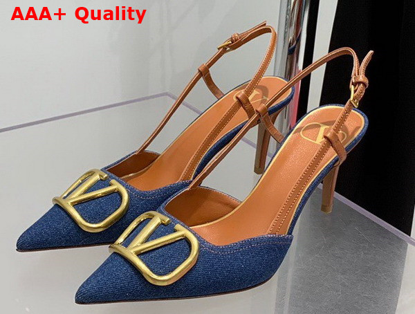 Valentino Garavani Vlogo Signature Denim Slingback Pump 100mm Blue Replica