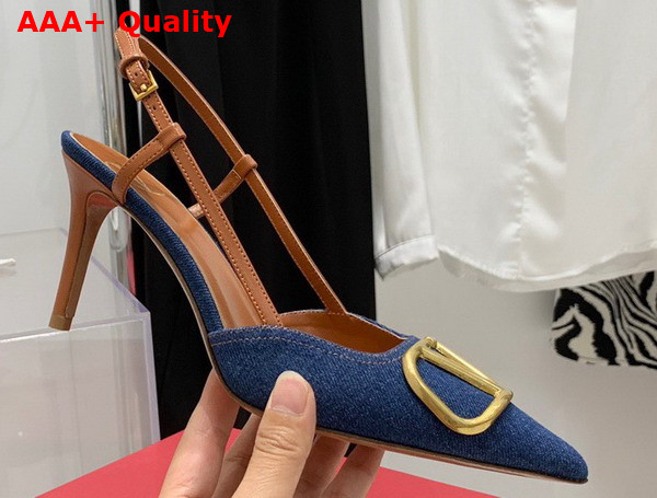 Valentino Garavani Vlogo Signature Denim Slingback Pump 100mm Blue Replica