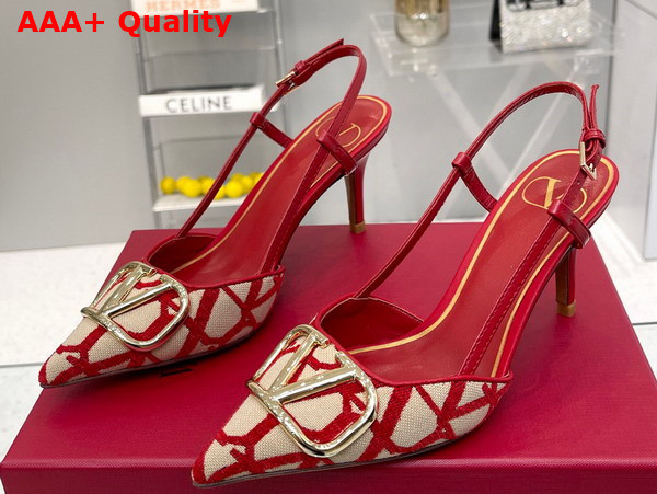 Valentino Garavani Vlogo Signature Slingback Pump in Toile Iconographe 80mm Beige and Red Replica